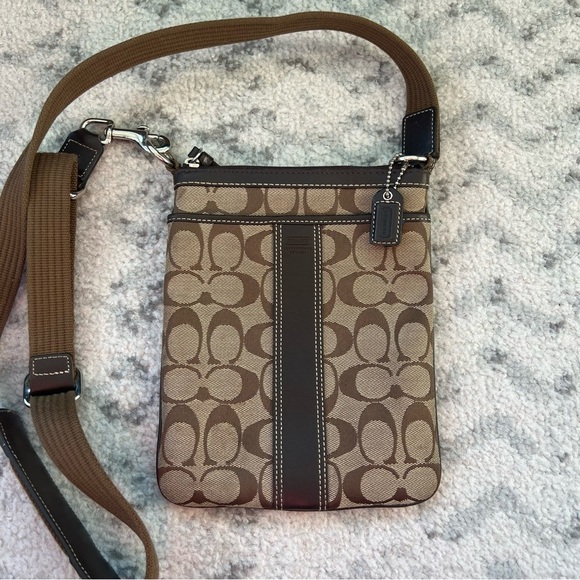 Coach Signature Stripe Swingpack Khaki Brown Leather Crossbody #F06016 - Picture 14 of 16